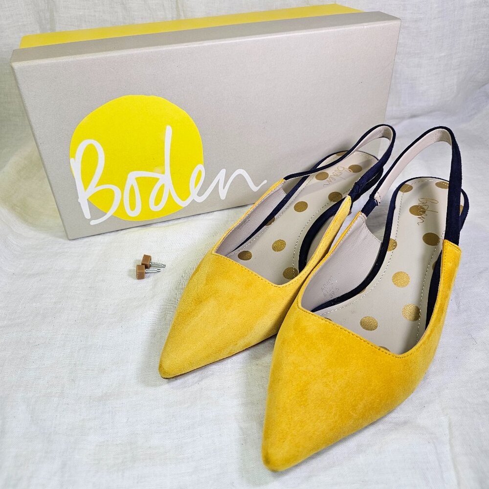 Boden Florrie Suede Slingback 2” Kitten Heels Pointed Toe Yellow Navy 8.5
